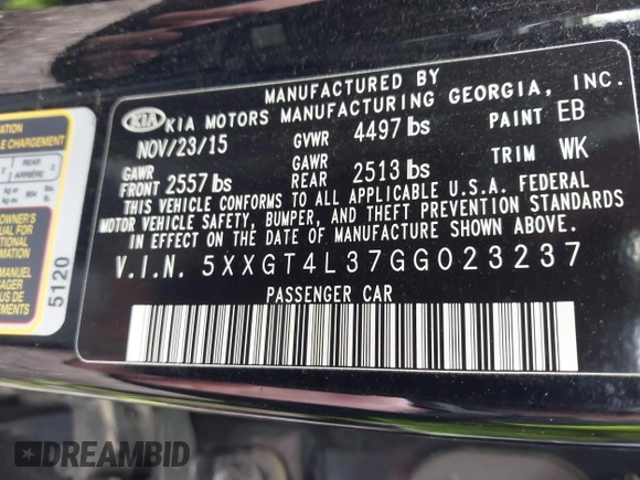 2016 Kia Optima LX with VIN 5XXGT4L37GG023237, listed as a IAAI auction lot 41893870 with 63,310 mi miles. Bid and sale history available at carsss.com. Image 9.
