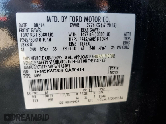 2015 Ford Explorer XLT with VIN 1FM5K8D83FGA60414, listed as a Copart auction lot 54174695 with 100,635 mi miles and Salvage Title. Bid and sale history available at carsss.com. Image 14.