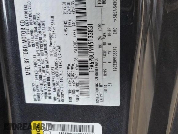 2022 Ford Mustang GT with VIN 1FA6P8CF9N5133831, listed as a Copart auction lot 61574865 with 18,621 mi miles and Salvage title. Bid and sale history available at DreamBid. Image 13.