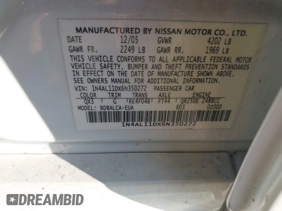 2006 Nissan Altima S with VIN 1N4AL11DX6N350272, listed as a IAAI auction lot 42230618 with 179,204 mi miles and . Bid and sale history available at DreamBid. Image 9.