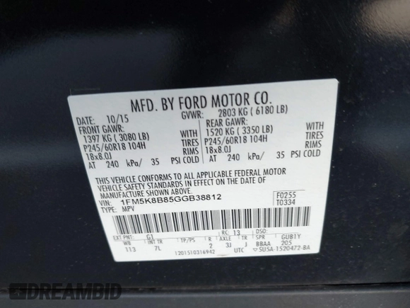 2016 Ford Explorer with VIN 1FM5K8B85GGB38812, listed as a IAAI auction lot 41757370 with 84,281 mi miles and . Bid and sale history available at carsss.com. Image 9.