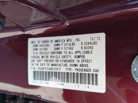 2016 Acura TLX with VIN 19UUB1F32GA000977, listed as a IAAI auction lot 41626510 with 124,916 mi miles. Bid and sale history available at carsss.com. Image 9.