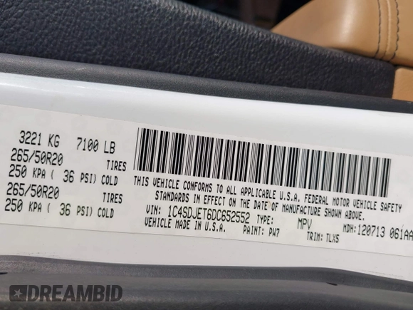 2013 Dodge Durango Citadel with VIN 1C4SDJET6DC652552, listed as a IAAI auction lot 42602746 with 163,602 mi miles and . Bid and sale history available at DreamBid. Image 9.