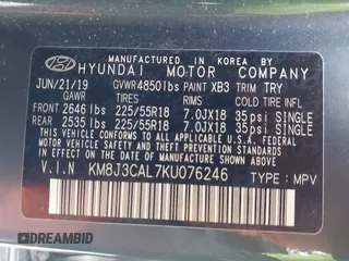 2019 Hyundai Tucson Ultimate with VIN KM8J3CAL7KU076246, listed as a IAAI auction lot 41836361 with 26,097 mi miles. Bid and sale history available at carsss.com. Image 9.