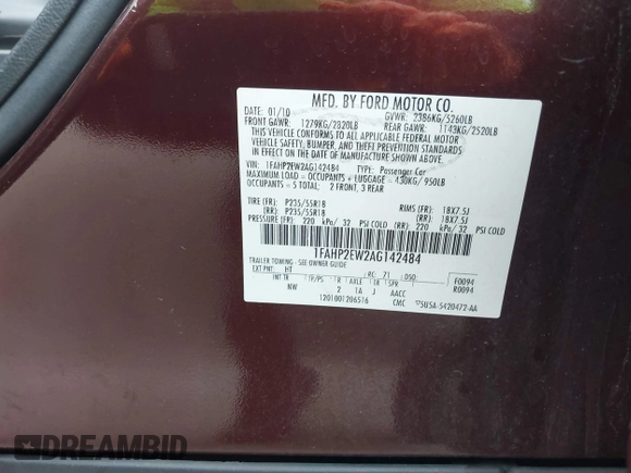 2010 Ford Taurus SEL с VIN 1FAHP2EW2AG142484, выставлен на аукционе IAAI как лот 42084001 с пробегом 185 022 миль миль и . История ставок и продаж доступна на DreamBid. Изображение 9.