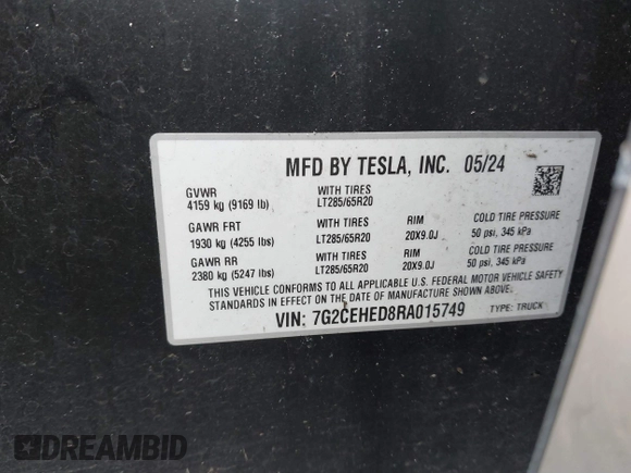 2024 Tesla Cybertruck with VIN 7G2CEHED8RA015749, listed as a IAAI auction lot 41731902 with 13,822 mi miles. Bid and sale history available at carsss.com. Image 9.