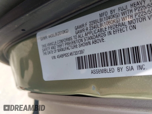 2006 Subaru Legacy Outback Limited with VIN 4S4BP62C467331397, listed as a IAAI auction lot 42424659 with 190,412 mi miles and . Bid and sale history available at DreamBid. Image 9.