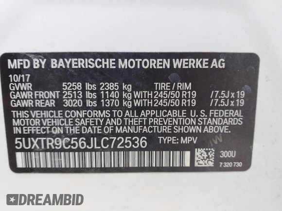 2018 BMW X3 xDrive30i with VIN 5UXTR9C56JLC72536, listed as a IAAI auction lot 41824618 with 125,434 mi miles and . Bid and sale history available at DreamBid. Image 9.