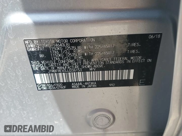 2018 Toyota RAV4 LE with VIN JTMBFREV3JJ236153, listed as a Copart auction lot 62642325 with 70,261 mi miles and Salvage title. Bid and sale history available at DreamBid. Image 14.
