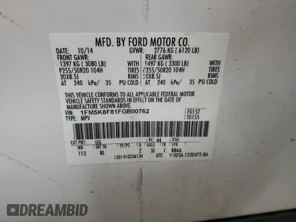 2015 Ford Explorer Limited with VIN 1FM5K8F81FGB00762, listed as a Copart auction lot 53069525 with 173,641 mi miles and Salvage Title. Bid and sale history available at DreamBid. Image 13.
