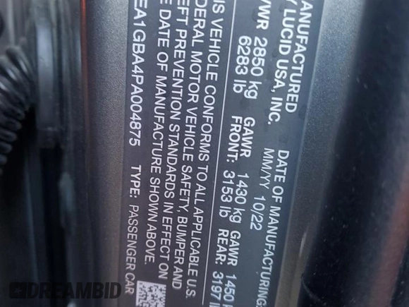 2023 Lucid Air Grand Touring z VIN 50EA1GBA4PA004875, wystawiony jako Copart lot #56100425 z przebiegiem 8176 mil mil oraz Szkody całkowita. Historia ofert i sprzedaży dostępna na DreamBid. Obrazek 12.