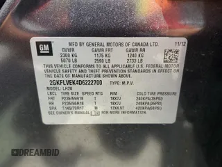 2013 GMC Terrain SLT with VIN 2GKFLVEK4D6222700, listed as a Copart auction lot 61719455 with 125,271 mi miles and Salvage title. Bid and sale history available at DreamBid. Image 12.