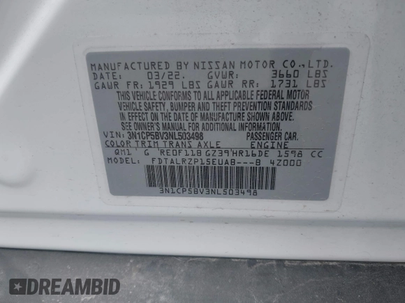 2022 Nissan Kicks S z VIN 3N1CP5BV3NL503498, wystawiony jako IAAI lot #42203907 z przebiegiem 30 139 mil mil oraz . Historia ofert i sprzedaży dostępna na DreamBid. Obrazek 9.