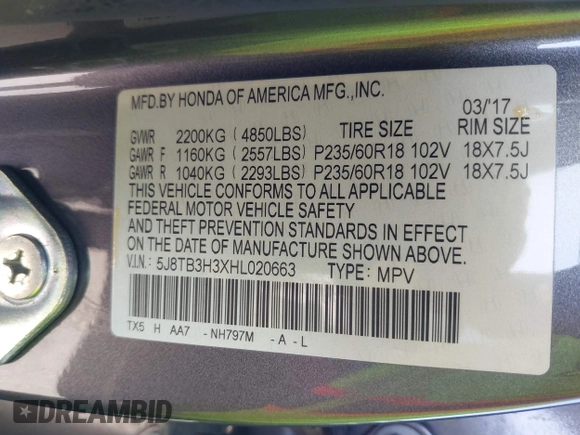 2017 Acura RDX with VIN 5J8TB3H3XHL020663, listed as a IAAI auction lot 41993021 with 92,307 mi miles. Bid and sale history available at carsss.com. Image 9.