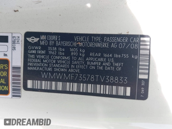 2008 MINI Hardtop S with VIN WMWMF73578TV38833, listed as a IAAI auction lot 42679616 with Not provided miles and . Bid and sale history available at DreamBid. Image 9.