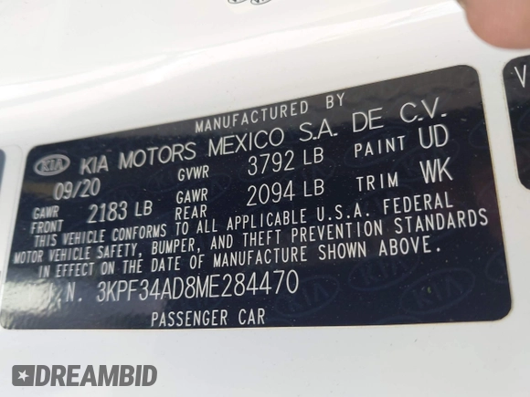 2021 Kia Forte GT-Line with VIN 3KPF34AD8ME284470, listed as a IAAI auction lot 42325550 with 40,600 mi miles and . Bid and sale history available at DreamBid. Image 9.