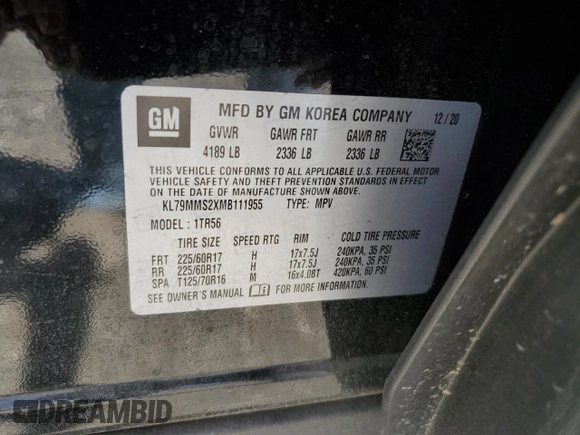 2021 Chevrolet TrailBlazer LS with VIN KL79MMS2XMB111955, listed as a Copart auction lot 62530154 with 35,220 mi miles and Salvage Title. Bid and sale history available at DreamBid. Image 11.