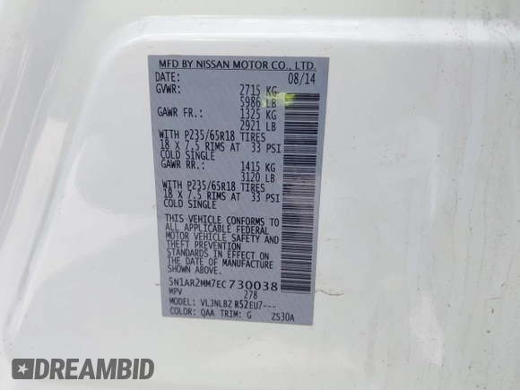 2014 Nissan Pathfinder SL with VIN 5N1AR2MM7EC730038, listed as a IAAI auction lot 41978849 with 150,816 mi miles. Bid and sale history available at carsss.com. Image 9.