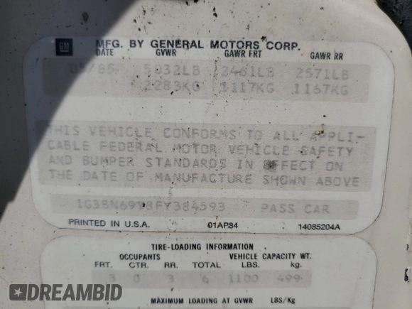 1985 Oldsmobile Delta Royale z VIN 1G3BN69Y8FY384593, wystawiony jako Copart lot #62885694 z przebiegiem Nie podano mil oraz Szkody całkowita. Historia ofert i sprzedaży dostępna na DreamBid. Obrazek 13.