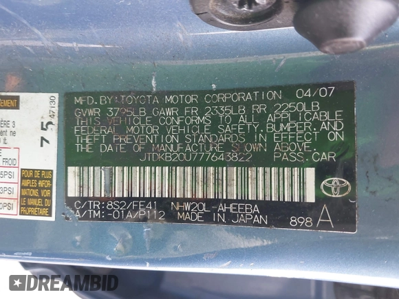 2007 Toyota Prius with VIN JTDKB20U777643822, listed as a IAAI auction lot 42117612 with 202,704 mi miles and . Bid and sale history available at carsss.com. Image 9.