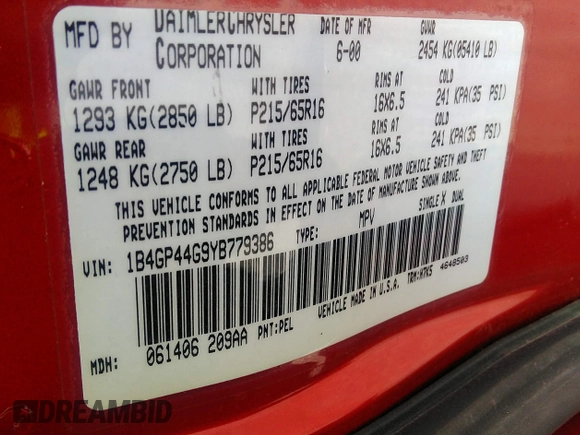 2000 Dodge Caravan SE z VIN 1B4GP44G9YB779386, wystawiony jako IAAI lot #41959352 z przebiegiem 139 648 mil mil oraz . Historia ofert i sprzedaży dostępna na DreamBid. Obrazek 9.