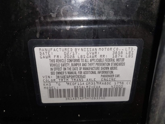 2017 Nissan Sentra SV with VIN 3N1AB7AP9HY283540, listed as a IAAI auction lot 41660902 with 136,852 mi miles. Bid and sale history available at carsss.com. Image 9.