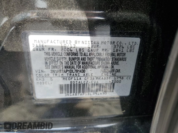 2013 Nissan Sentra SR with VIN 3N1AB7AP1DL791430, listed as a Copart auction lot 52180035 with 105,743 mi miles and Salvage Title. Bid and sale history available at DreamBid. Image 12.