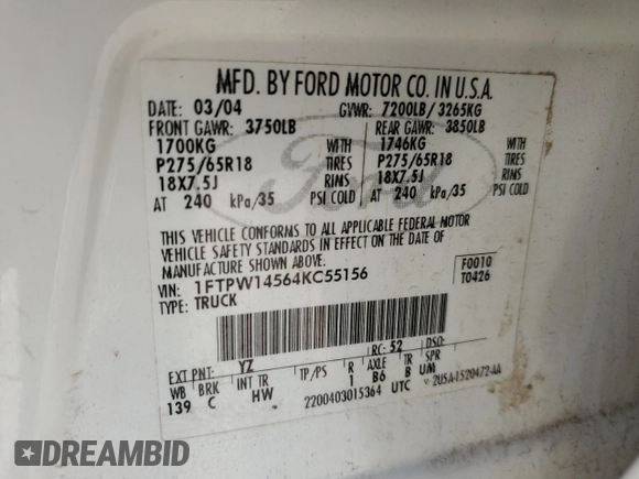 2004 Ford F-150 XLT with VIN 1FTPW14564KC55156, listed as a Copart auction lot 85316484 with 254,120 mi miles and Clean title. Bid and sale history available at DreamBid. Image 12.