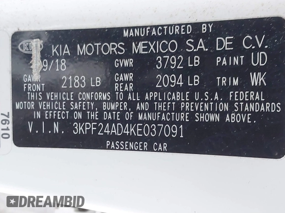 2019 Kia Forte LXS with VIN 3KPF24AD4KE037091, listed as a IAAI auction lot 41461522 with 138,590 mi miles. Bid and sale history available at carsss.com. Image 9.