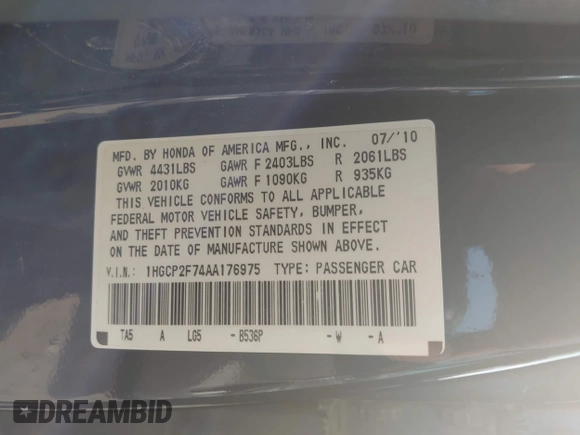 2010 Honda Accord EX with VIN 1HGCP2F74AA176975, listed as a IAAI auction lot 42581750 with 216,878 mi miles and . Bid and sale history available at DreamBid. Image 9.