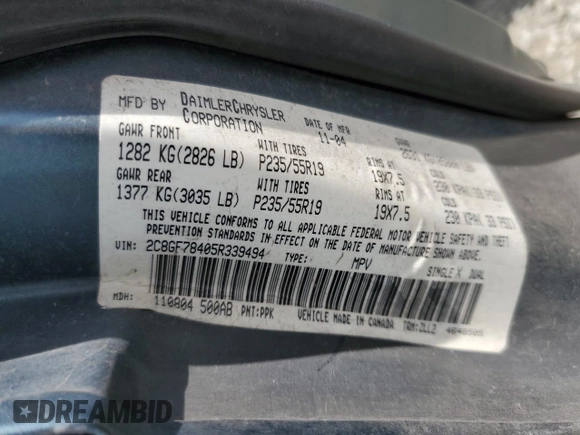 2005 Chrysler Pacifica с VIN 2C8GF78405R339494, выставлен на аукционе Copart как лот 57204005 с пробегом 178 290 миль миль и Списание • Salvage title. История ставок и продаж доступна на DreamBid. Изображение 13.