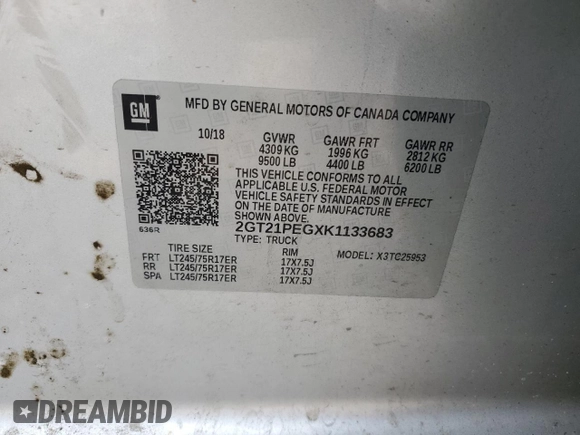 2019 GMC Sierra 1500 with VIN 2GT21PEGXK1133683, listed as a Copart auction lot 67142024 with Not Provided miles and Salvage Title. Bid and sale history available at DreamBid. Image 12.
