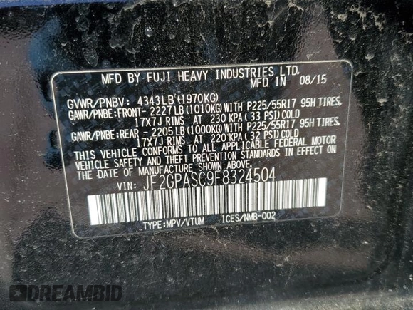 2015 Subaru Crosstrek Limited with VIN JF2GPASC9F8324504, listed as a Copart auction lot 57276905 with 104,036 mi miles and Salvage title. Bid and sale history available at DreamBid. Image 13.