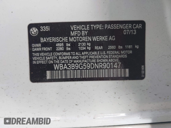 2013 BMW 3 Series 335i xDrive with VIN WBA3B9G59DNR90147, listed as a IAAI auction lot 41449582 with 109,526 mi miles and . Bid and sale history available at DreamBid. Image 9.