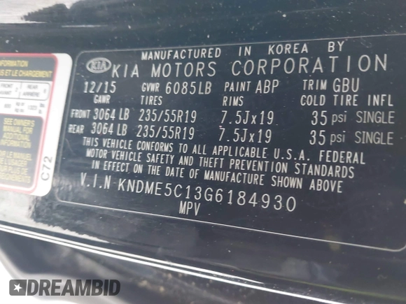 2016 Kia Sedona SX-L with VIN KNDME5C13G6184930, listed as a IAAI auction lot 41385207 with 136,447 mi miles and . Bid and sale history available at carsss.com. Image 9.