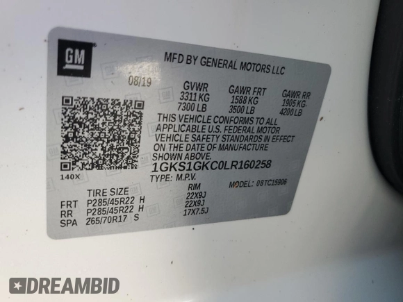 2020 GMC Yukon XL SLT with VIN 1GKS1GKC0LR160258, listed as a Copart auction lot 76796114 with 0 mi miles and Salvage Title. Bid and sale history available at carsss.com. Image 14.
