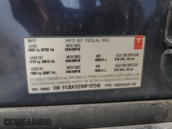 2017 Tesla Model S 100D with VIN 5YJSA1E2XHF197245, listed as a Copart auction lot 45961805 with Not provided miles and Non repairable. Bid and sale history available at DreamBid. Image 14.