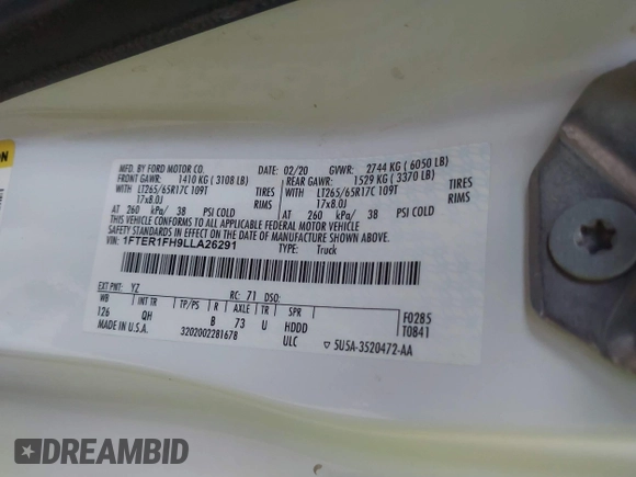 2020 Ford Ranger XL z VIN 1FTER1FH9LLA26291, wystawiony jako IAAI lot #42244790 z przebiegiem 116 465 mil mil oraz . Historia ofert i sprzedaży dostępna na DreamBid. Obrazek 9.