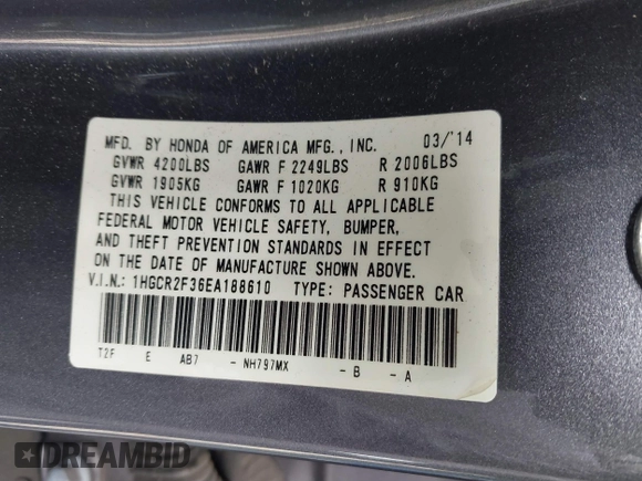 2014 Honda Accord LX with VIN 1HGCR2F36EA188610, listed as a IAAI auction lot 41412407 with 149,184 mi miles and . Bid and sale history available at carsss.com. Image 9.