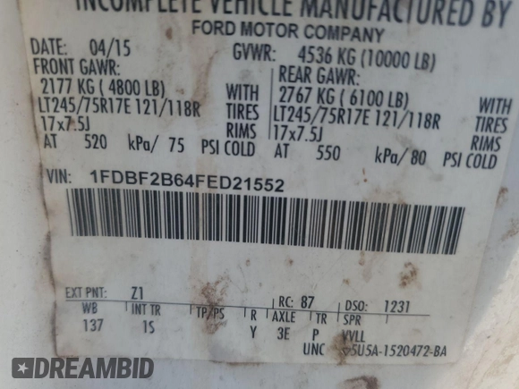 2015 Ford F-250 XL with VIN 1FDBF2B64FED21552, listed as a IAAI auction lot 42671245 with 266,037 mi miles and . Bid and sale history available at DreamBid. Image 3.