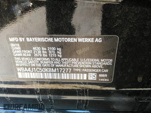 2019 BMW 4 Series 430i with VIN WBA4J1C50KBM17277, listed as a IAAI auction lot 31559329 with 1 mi miles. Bid and sale history available at carsss.com. Image 9.