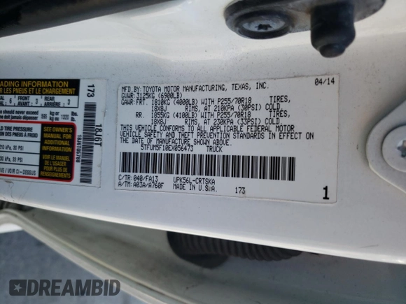 2014 Toyota Tundra SR z VIN 5TFUM5F10EX056473, wystawiony jako Copart lot #56758265 z przebiegiem 129 656 mil mil oraz Szkoda całkowita • Salvage title. Historia ofert i sprzedaży dostępna na DreamBid. Obrazek 12.