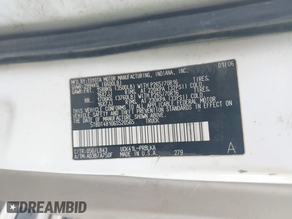 2006 Toyota Tundra Limited with VIN 5TBDT48106S520565, listed as a IAAI auction lot 41936931 with 173,324 mi miles and . Bid and sale history available at DreamBid. Image 9.