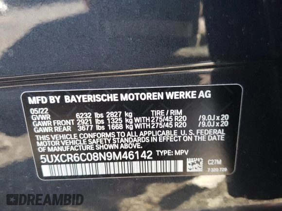 2022 BMW X5 xDrive40i with VIN 5UXCR6C08N9M46142, listed as a Copart auction lot 50332603 with 8,437 mi miles. Bid and sale history available at carsss.com. Image 13.