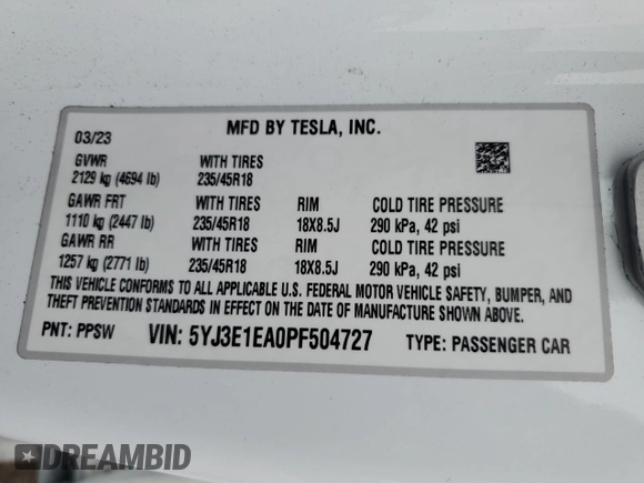 2023 Tesla Model 3 z VIN 5YJ3E1EA0PF504727, wystawiony jako Copart lot #53762135 z przebiegiem 17 554 mil mil oraz Szkoda całkowita • Salvage title. Historia ofert i sprzedaży dostępna na DreamBid. Obrazek 14.