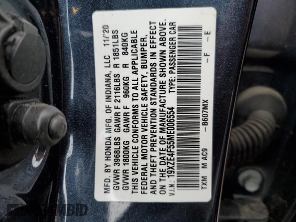 2021 Honda Insight EX with VIN 19XZE4F55ME006554, listed as a Copart auction lot 53397505 with 35,104 mi miles and Salvage Title. Bid and sale history available at carsss.com. Image 12.