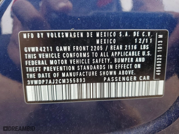 2012 Volkswagen Jetta Sedan SE w/Convenience & Sunroof PZEV with VIN 3VWDP7AJ2CM355893, listed as a Copart auction lot 50248185 with 121,893 mi miles and Salvage Title. Bid and sale history available at carsss.com. Image 12.