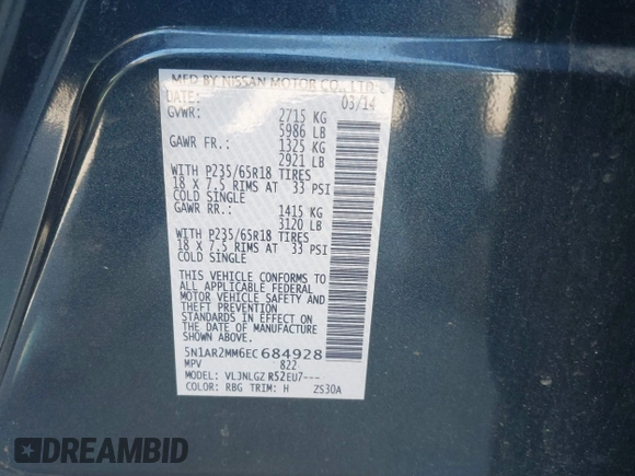 2014 Nissan Pathfinder SV with VIN 5N1AR2MM6EC684928, listed as a IAAI auction lot 42065915 with 46,029 mi miles. Bid and sale history available at carsss.com. Image 9.
