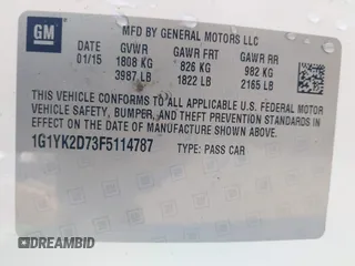 2015 Chevrolet Corvette Z51 2LT с VIN 1G1YK2D73F5114787, выставлен на аукционе IAAI как лот 41432386 с пробегом Не указан миль и . История ставок и продаж доступна на DreamBid. Изображение 9.