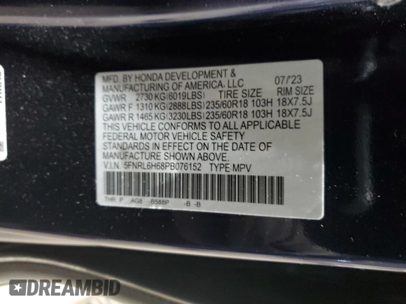 2023 Honda Odyssey EX-L with VIN 5FNRL6H68PB076152, listed as a Copart auction lot 47424605 with 14,742 mi miles and Salvage Title. Bid and sale history available at carsss.com. Image 14.